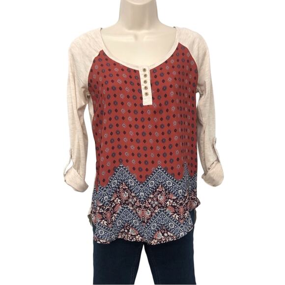 Rewind Boho Inspired Red White Blue Scoop Neck Roll sleeve Mixed Media Top - Picture 2 of 16